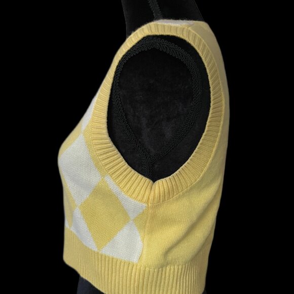 Jacquard-Knit Sweater Vest Pullover Checkered Yellow Crop Top Size S - Picture 4 of 6